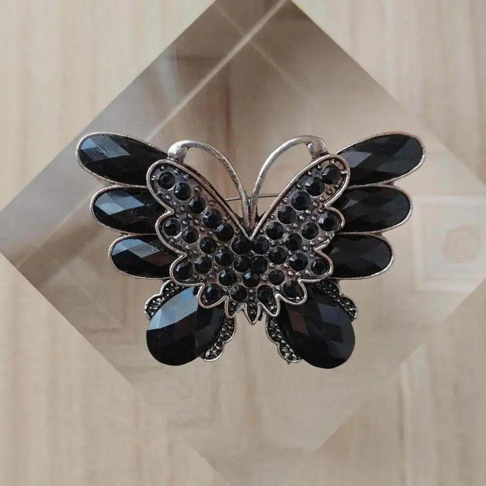 Gothic style black and dark silver layered rhinestone butterfly brooch